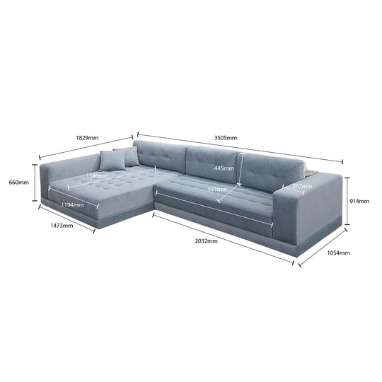 Gray sectional sofa with dimensions marked on a white background