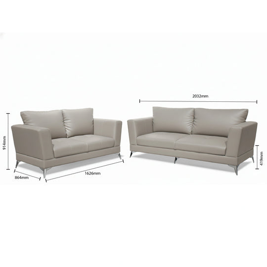 Two beige sofas with dimensions labeled