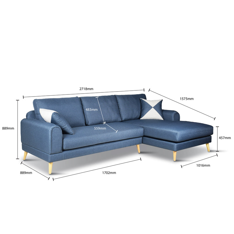 Blue sectional sofa with dimensions marked on a white background