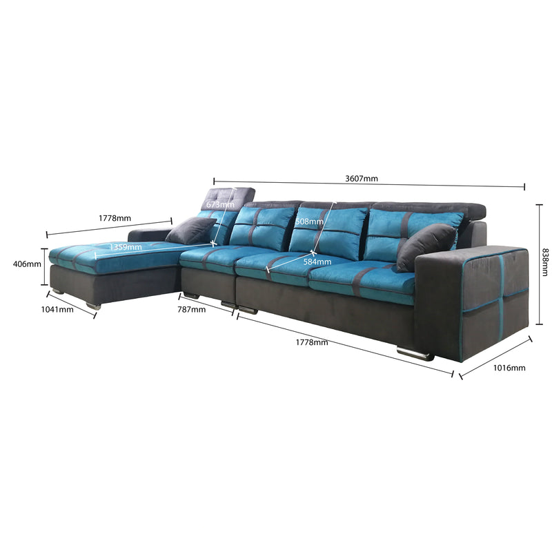 Sectional sofa with blue and gray cushions and dimensions labeled on a white background