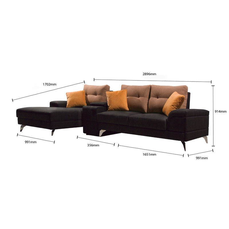Brown sectional sofa with orange cushions and dimensions labeled on a white background