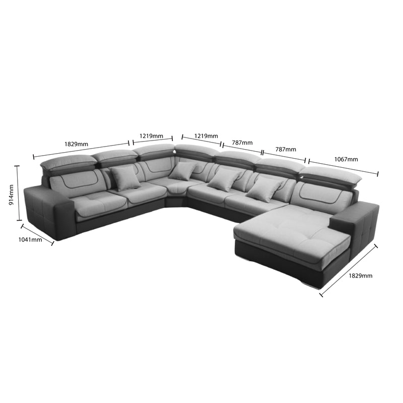 Gray sectional sofa with dimensions labeled on a white background