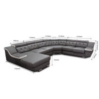 Gray sectional sofa with dimensions labeled on a white