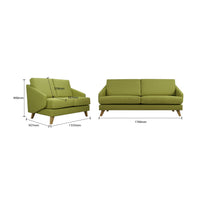 Green sofa set with dimensions on a white background