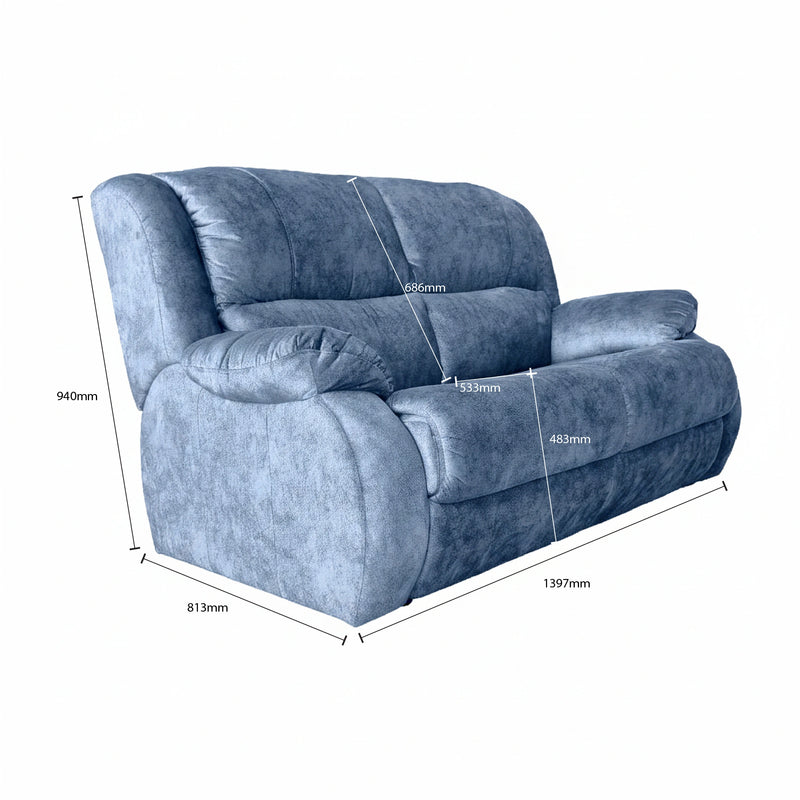 Blue sofa with dimensions marked on a white background
