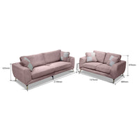 Pink sofa set with dimensions on a white background