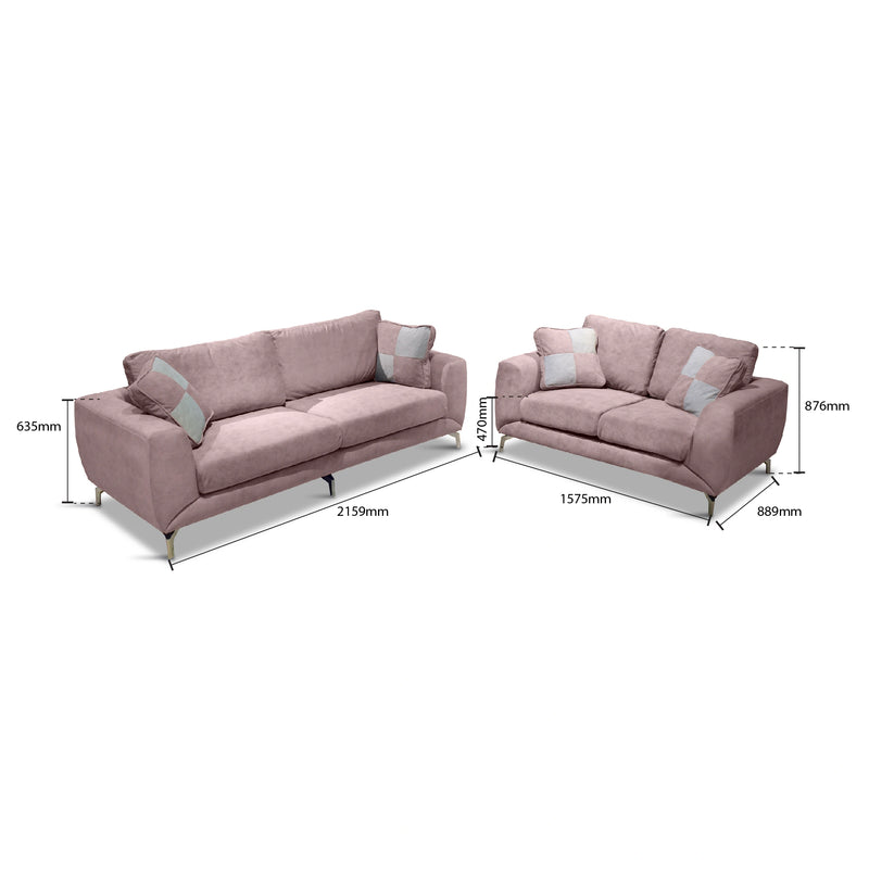 Pink sofa set with dimensions on a white background