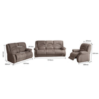 Brown sofa set with dimensions on a white background