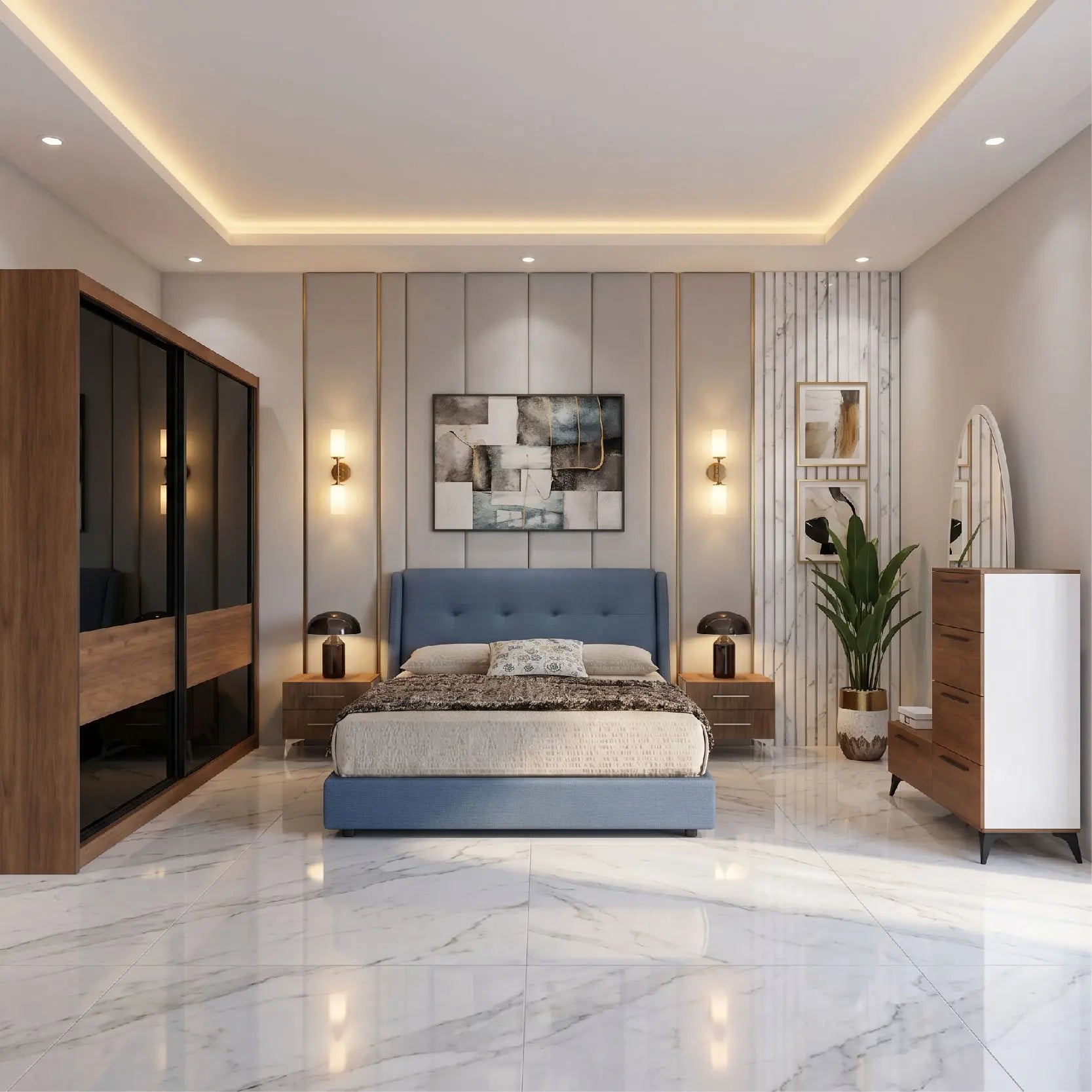 Modern bedroom with a blue bed, wooden wardrobe, and marble floor.