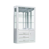 White display cabinet with glass shelves and drawers on a white background