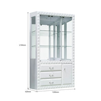 White display cabinet with dimensions on a white background