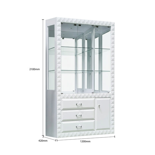 White display cabinet with dimensions on a white background