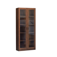 Wooden bookshelf with glass doors on a white background