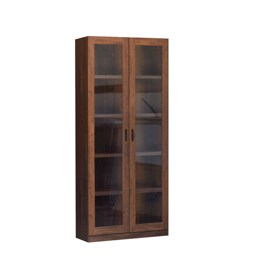 Wooden bookshelf with glass doors on a white background