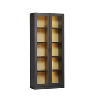 Tall dark brown cabinet with glass doors on a white background