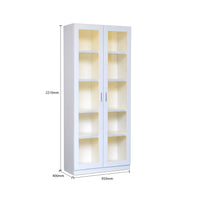 White display cabinet with glass doors and dimensions on a white background