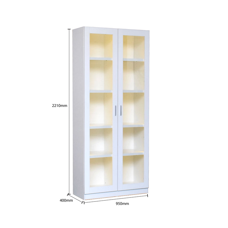 White display cabinet with glass doors and dimensions on a white background