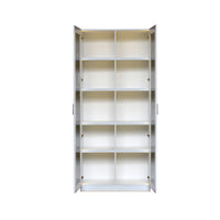 White bookshelf with multiple shelves on a white background