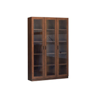 Wooden bookshelf with glass doors on a white background