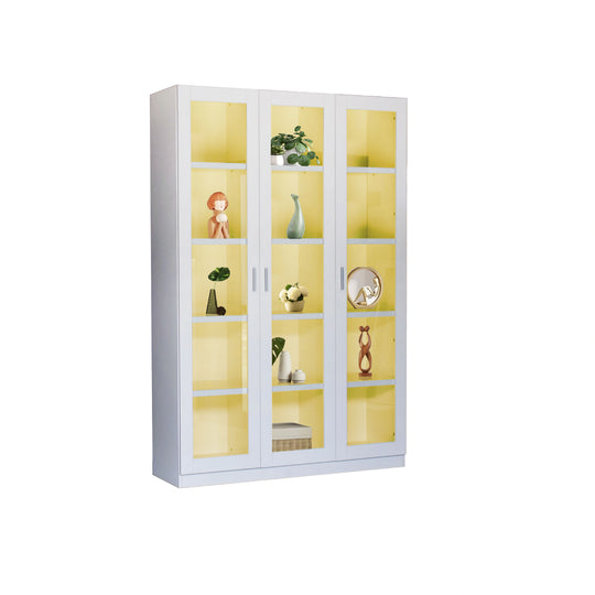 White display cabinet with glass doors featuring decorative items on a white background