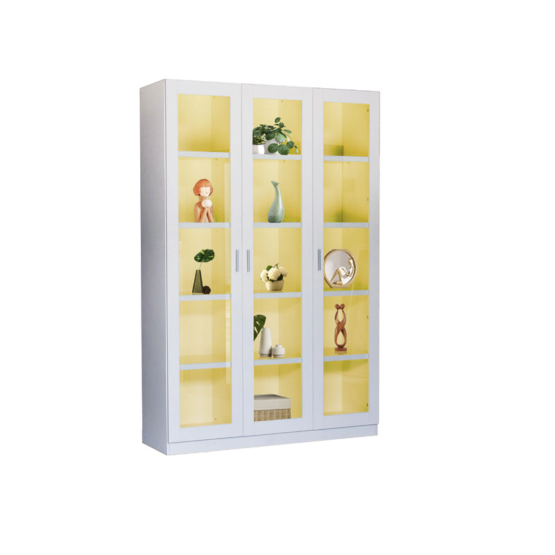 White display cabinet with glass doors featuring decorative items on a white background