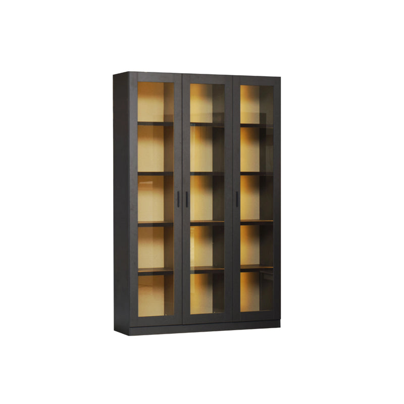 Dark wooden cabinet with glass doors on a white background