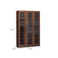 Wooden bookshelf with glass doors and dimensions on a white background