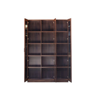 Wooden bookshelf with multiple shelves on a white background