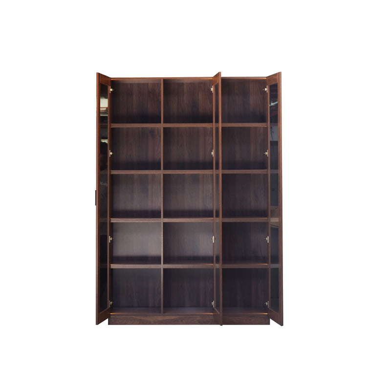Wooden bookshelf with multiple shelves on a white background