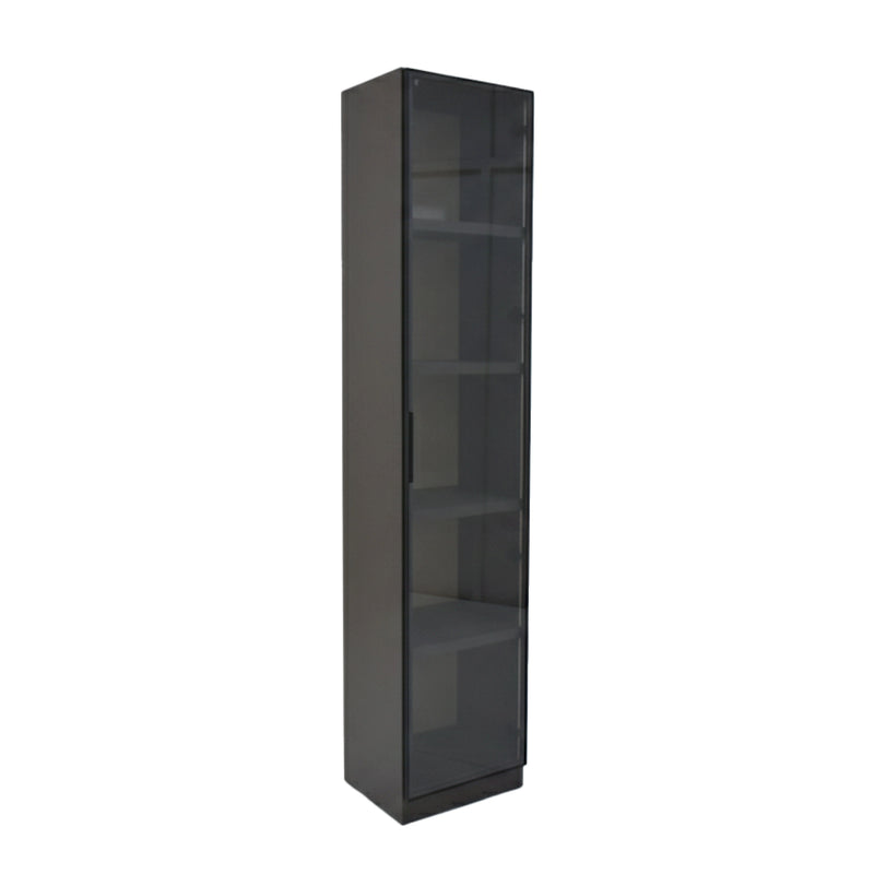 Tall black bookshelf with glass doors on a white background