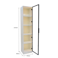 Tall white cabinet with a black door on a white background, showing dimensions.