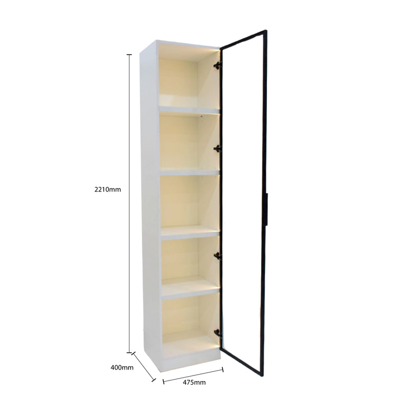 Tall white cabinet with a black door on a white background, showing dimensions.