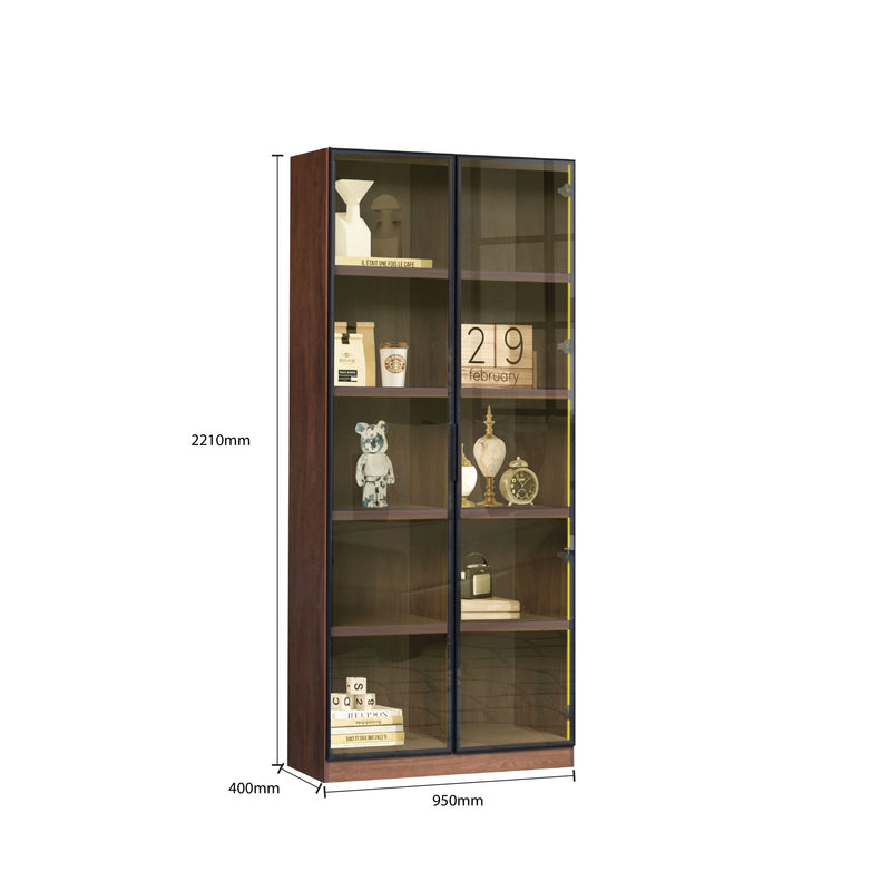 Tall wooden display cabinet with glass doors, showing measurements on a white background.