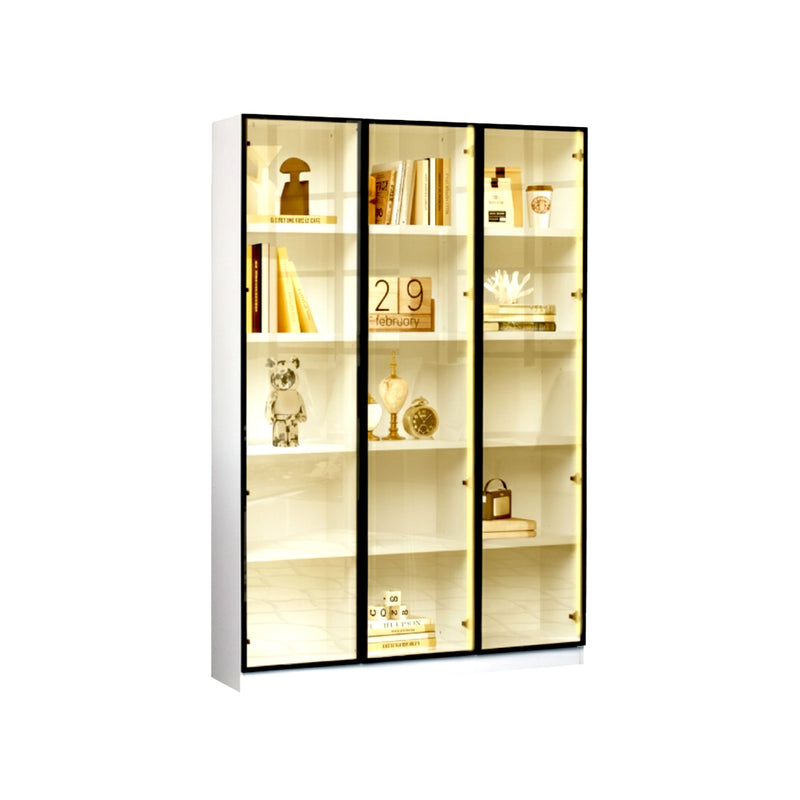 Glass display cabinet with illuminated interior on a white background