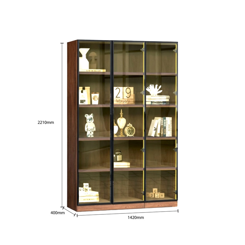 Tall wooden bookshelf with glass panels and decorative items, shown with dimensions on a white background.