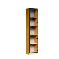 Tall narrow wooden bookshelf with glass front on a white background