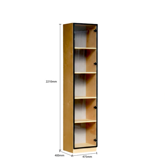 Tall wooden cabinet with glass doors and dimensions labeled on a white background