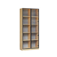 Wooden bookshelf with glass doors on a white background
