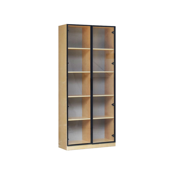 Wooden bookshelf with glass doors on a white background