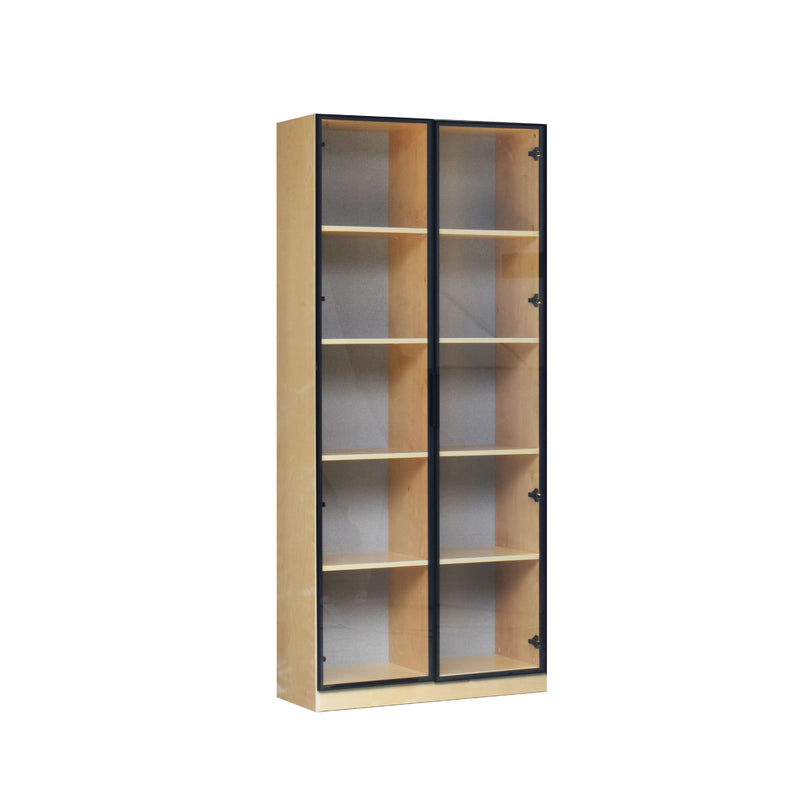 Wooden bookshelf with glass doors on a white background