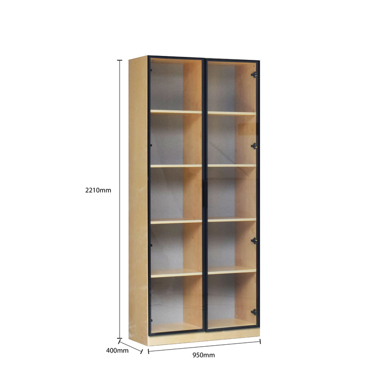 Wooden bookshelf with glass doors and dimensions on a white background