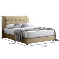 Beige upholstered bed with dimensions labeled on a white background