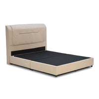 Beige bed frame with black mattress on a white background