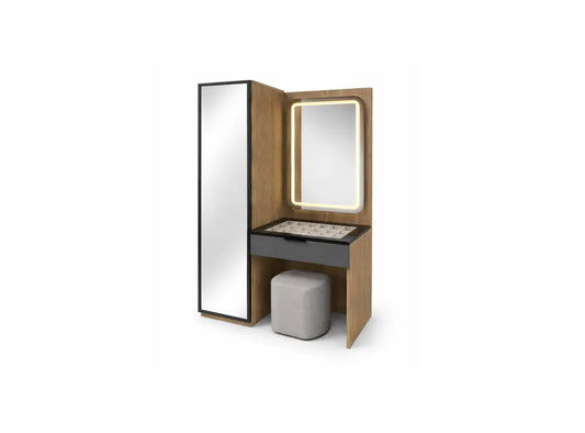 A modern vanity table set featuring a tall mirror, a smaller illuminated vanity mirror, a storage drawer, a textured tray, and a gray ottoman, shown on a plain white background.