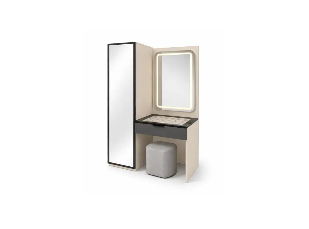 A modern vanity table set featuring a tall full-length mirror, a smaller illuminated vanity mirror, a dark gray vanity desk with a stone-look top, and a gray ottoman, all set against a light beige frame on a white background.