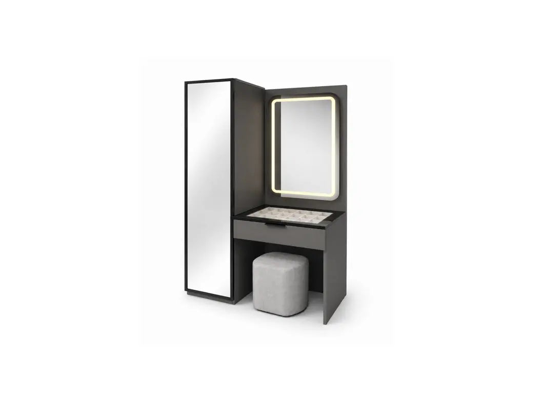 A modern dark gray vanity table with an illuminated LED-backlit mirror, a tall side mirror, a drawer, and a gray ottoman, shown on a plain white background.
