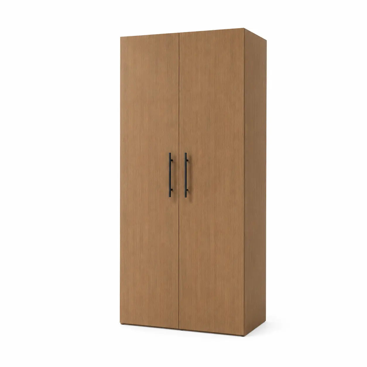 A tall two-door wardrobe or cabinet with a light brown wood grain finish and slim black vertical handles, shown on a plain white background.