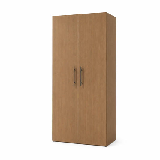 A tall two-door wardrobe or cabinet with a light brown wood grain finish and slim black vertical handles, shown on a plain white background.