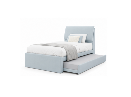 A light blue upholstered bed frame with a matching headboard and footboard, shown with white bedding, a gray throw blanket, and two pillows on a plain white background.