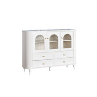 White dresser with glass panels on a white background